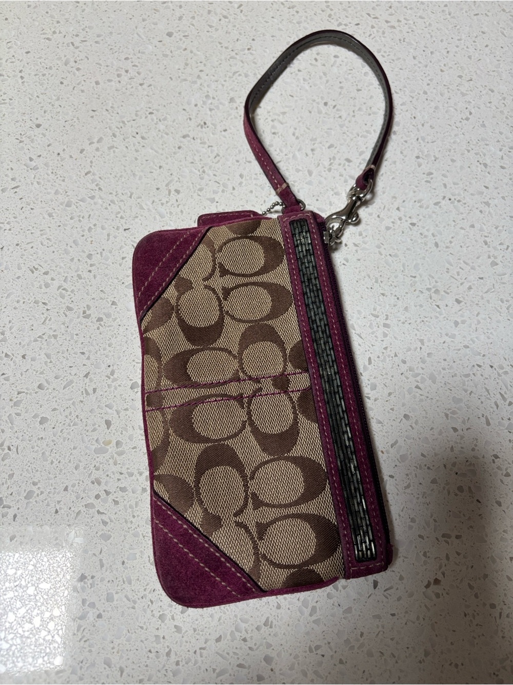 Vintage Coach Signature Tan/Burgundy Suede Zip Wristlet Y2K